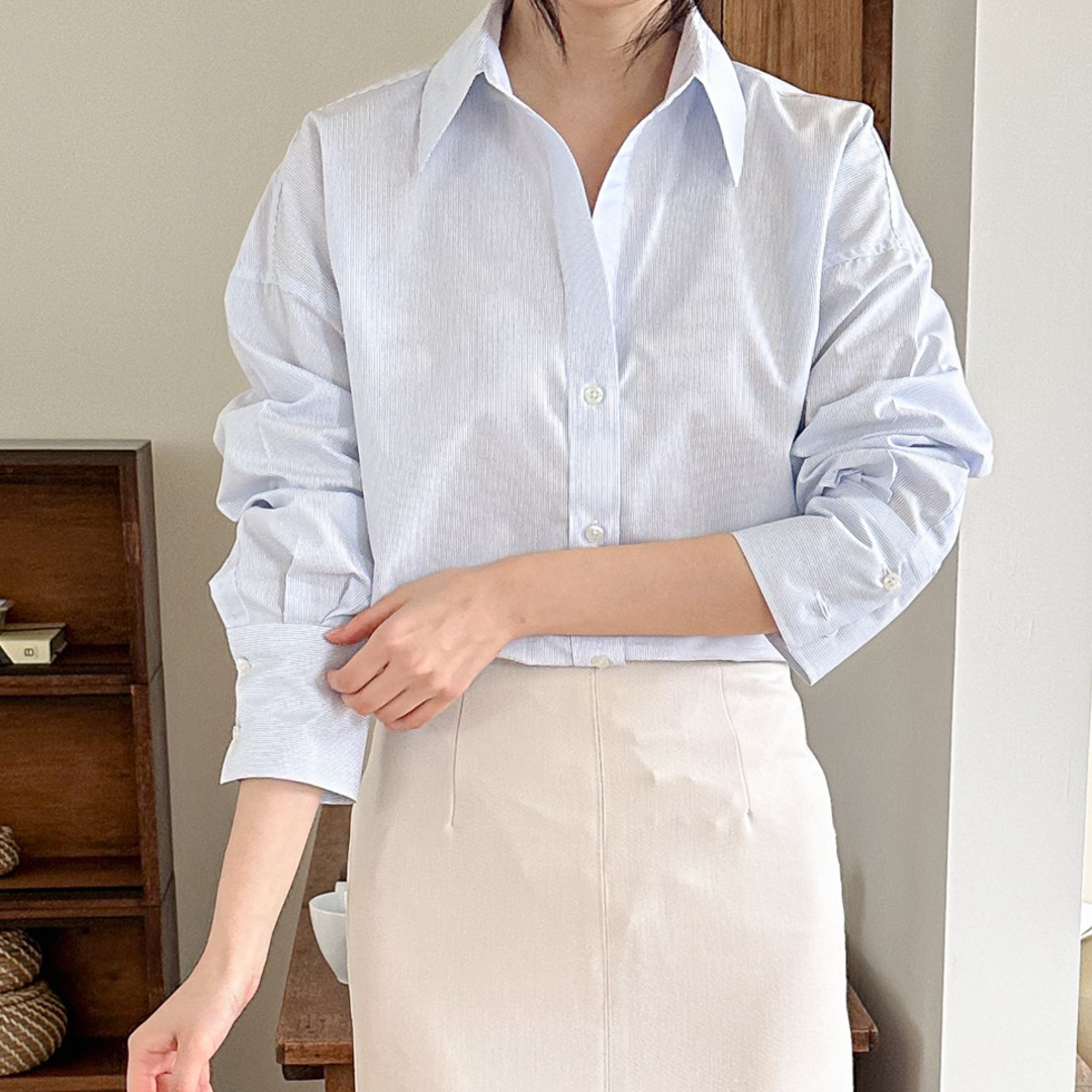 여성 오픈칼라 · 블루 스트라이프